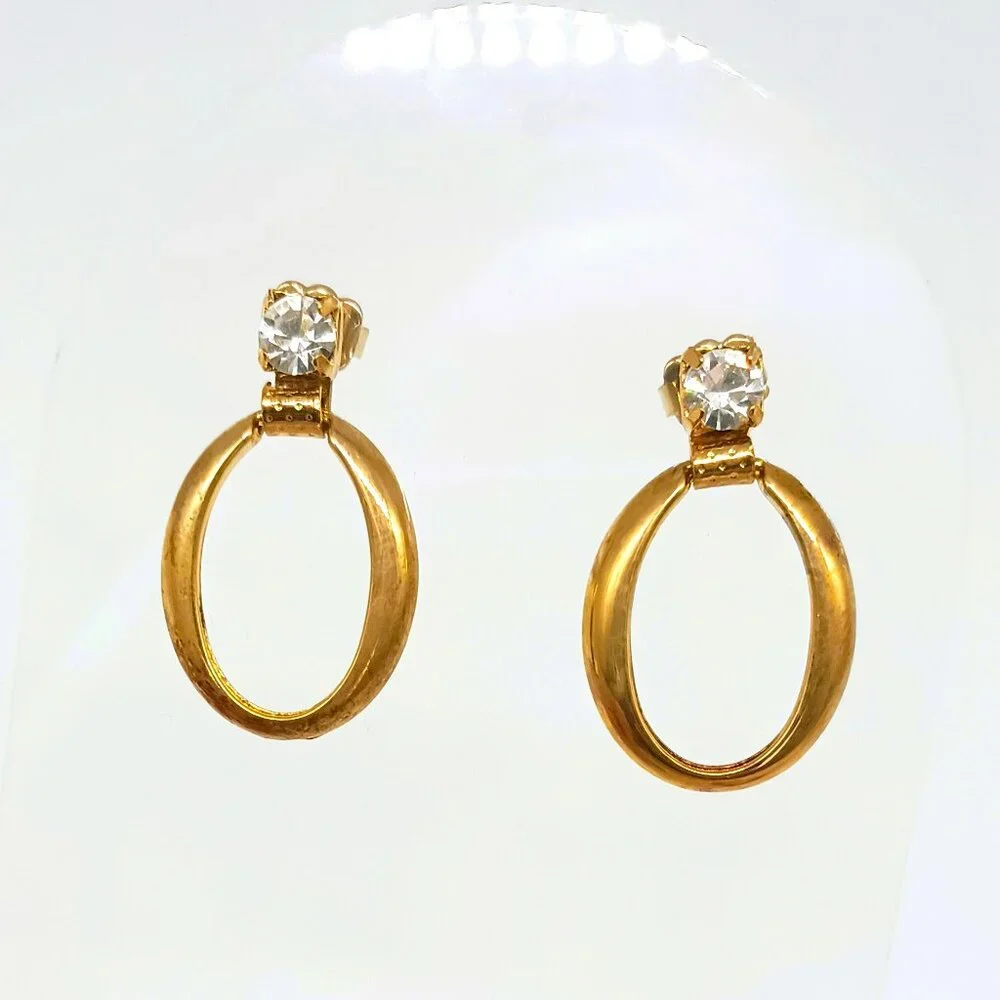 Avon Oval Dangle Post Earrings Women's Gold Tone Rhinestone Drop Earrings